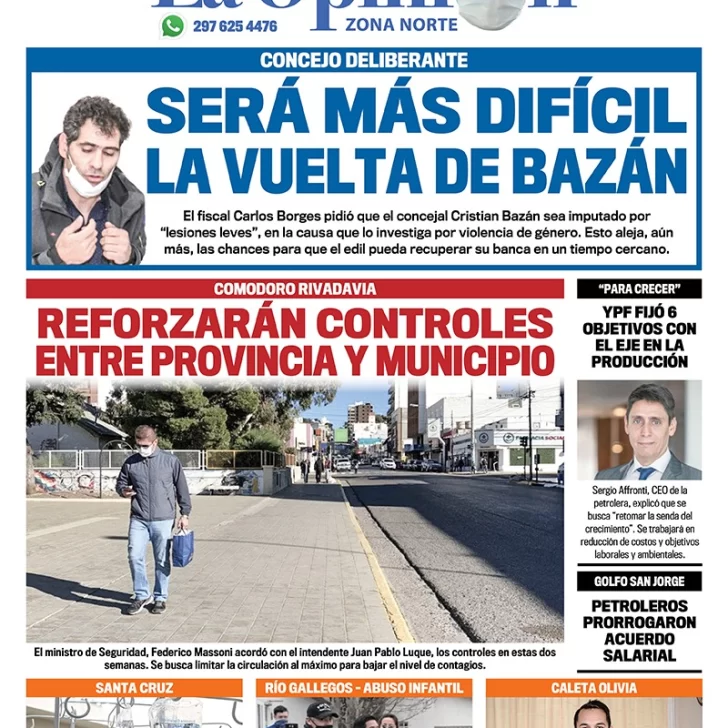 Diario La Opinión Zona Norte tapa edición impresa del 17 de septiembre de 2020, Santa Cruz, Argentina