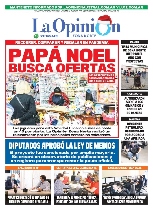 Diario La Opinión Zona Norte tapa edición impresa del 18 de diciembre de 2020, Santa Cruz, Argentina