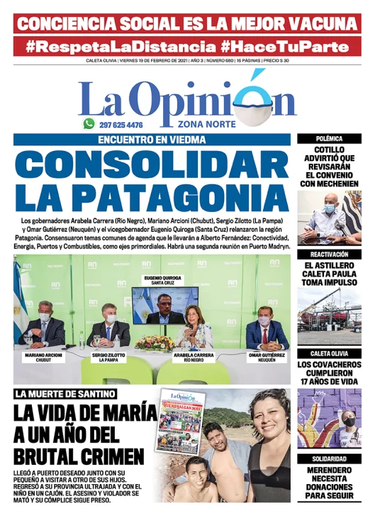 Diario La Opinión Zona Norte tapa edición impresa del 19 de febrero de 2021, Santa Cruz, Argentina