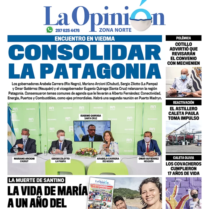 Diario La Opinión Zona Norte tapa edición impresa del 19 de febrero de 2021, Santa Cruz, Argentina