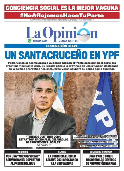 Diario La Opinión Zona Norte tapa edición impresa del 21 de enero de 2021, Santa Cruz, Argentina