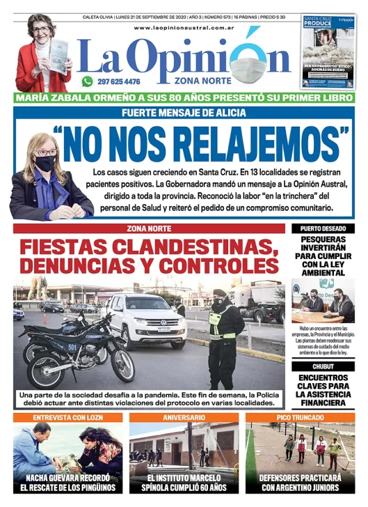 Diario La Opinión Zona Norte tapa edición impresa del 21 de septiembre de 2020, Santa Cruz, Argentina
