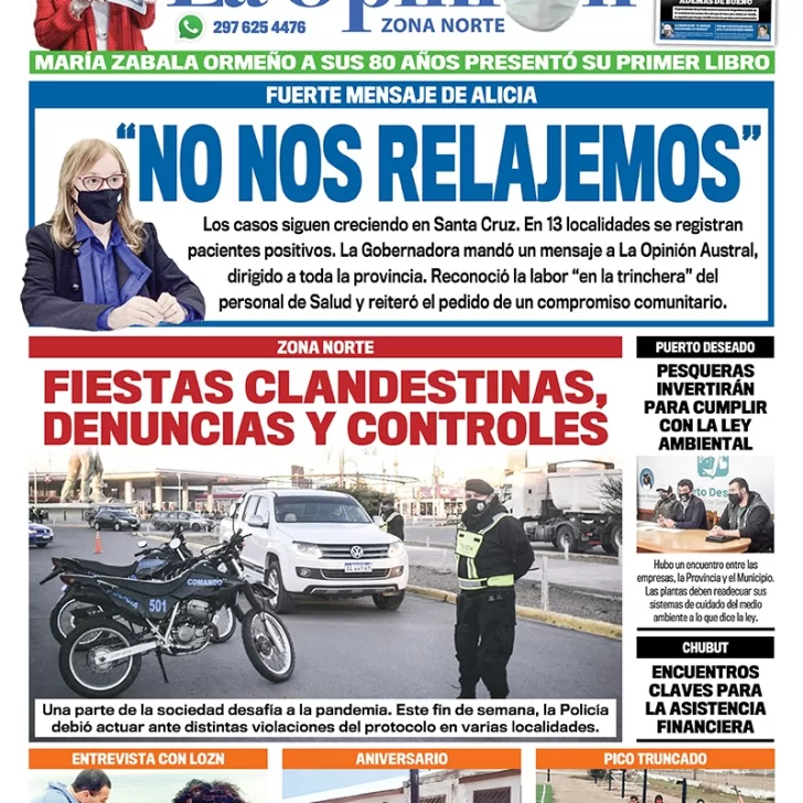 Diario La Opinión Zona Norte tapa edición impresa del 21 de septiembre de 2020, Santa Cruz, Argentina