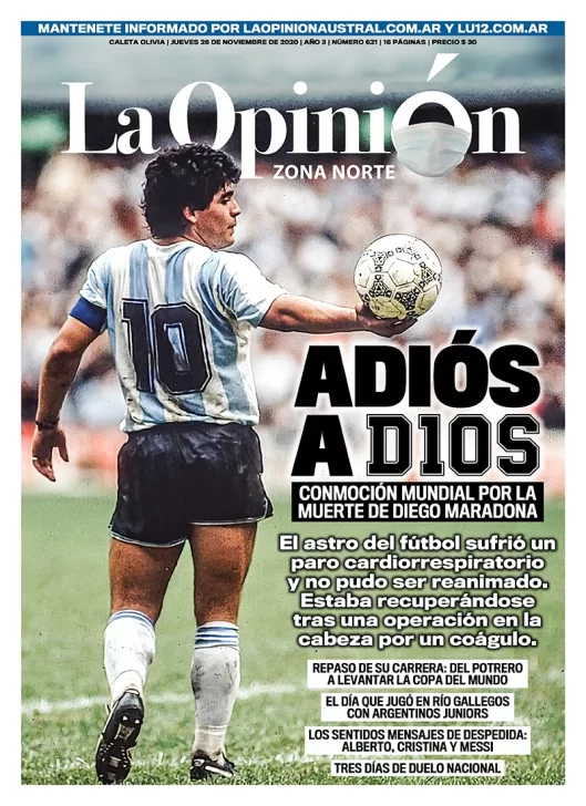 Diario La Opinión Zona Norte tapa edición impresa del 26 de noviembre de 2020, Santa Cruz, Argentina