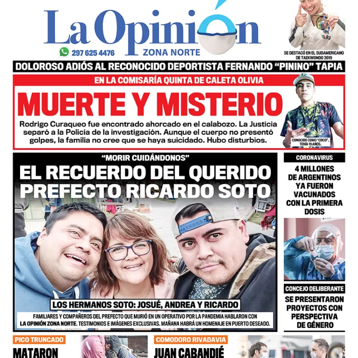 Diario La Opinión Zona Norte tapa edición impresa del 9 de abril de 2021, Río Gallegos, Santa Cruz, Argentina
