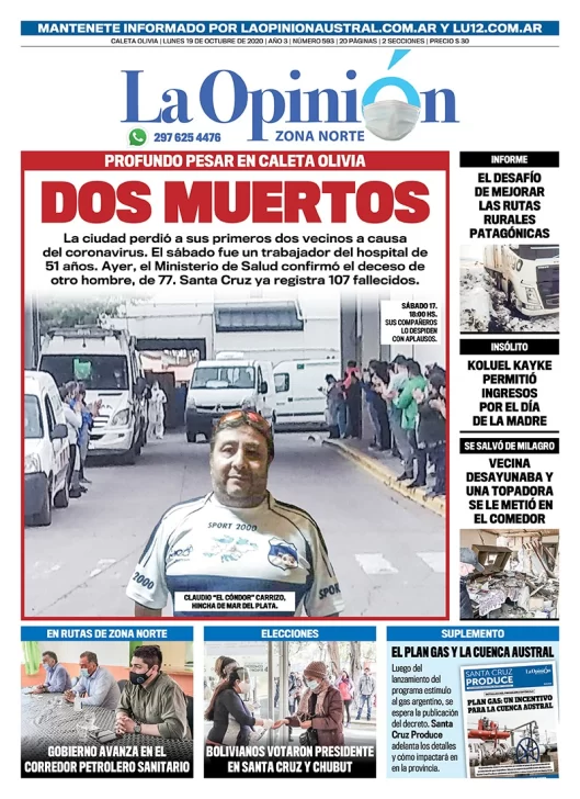 Diario La Opinión Zona Norte tapa edición impresa del 19 de octubre de 2020, Santa Cruz, Argentina