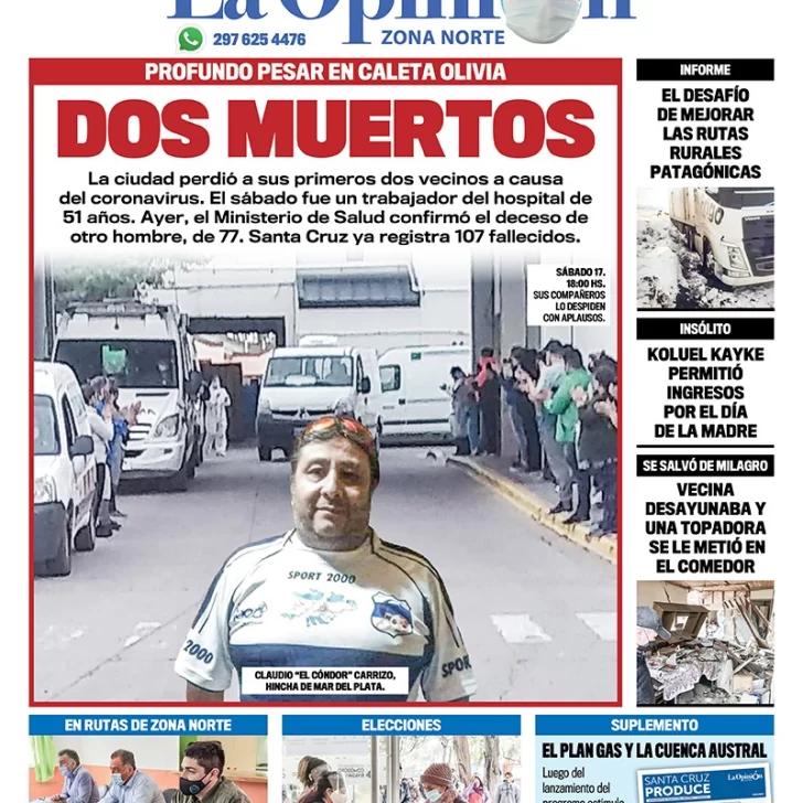 Diario La Opinión Zona Norte tapa edición impresa del 19 de octubre de 2020, Santa Cruz, Argentina