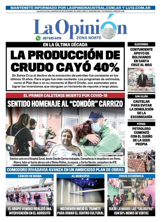Diario La Opinión Zona Norte tapa edición impresa del 20 de octubre de 2020, Santa Cruz, Argentina