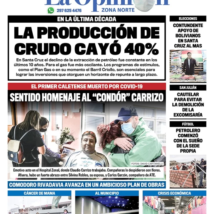 Diario La Opinión Zona Norte tapa edición impresa del 20 de octubre de 2020, Santa Cruz, Argentina