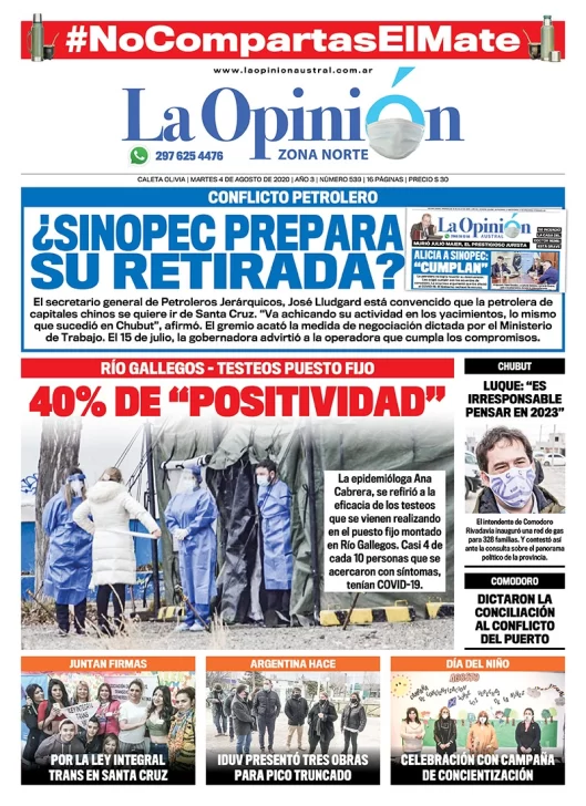Diario La Opinión Zona Norte tapa edición impresa del 4 de agosto de 2020, Santa Cruz, Argentina