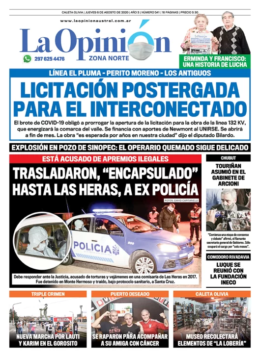 Diario La Opinión Zona Norte tapa edición impresa del 6 de agosto de 2020, Santa Cruz, Argentina