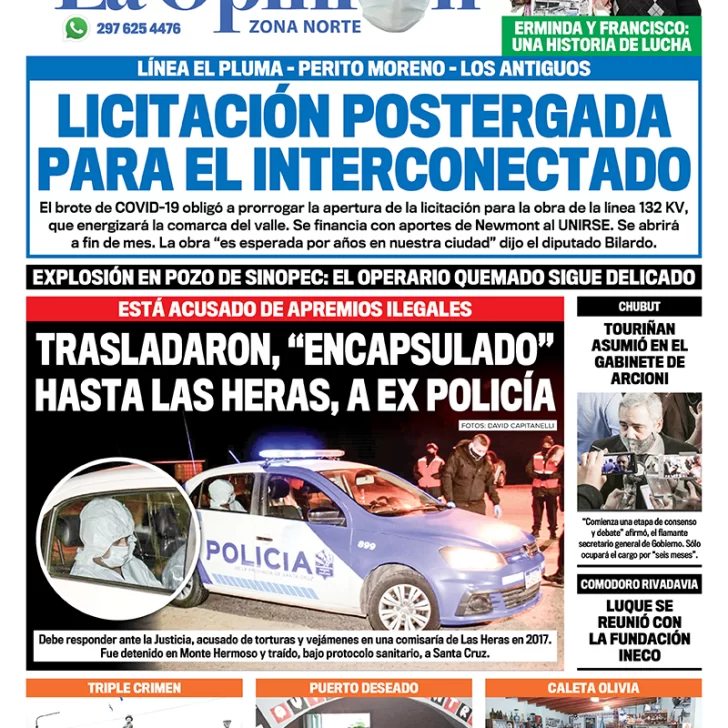 Diario La Opinión Zona Norte tapa edición impresa del 6 de agosto de 2020, Santa Cruz, Argentina