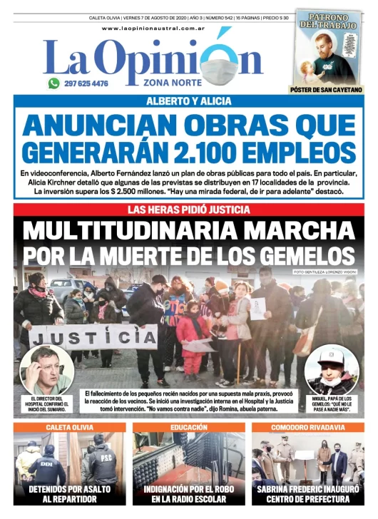 Diario La Opinión Zona Norte tapa edición impresa del 7 de agosto de 2020, Santa Cruz, Argentina