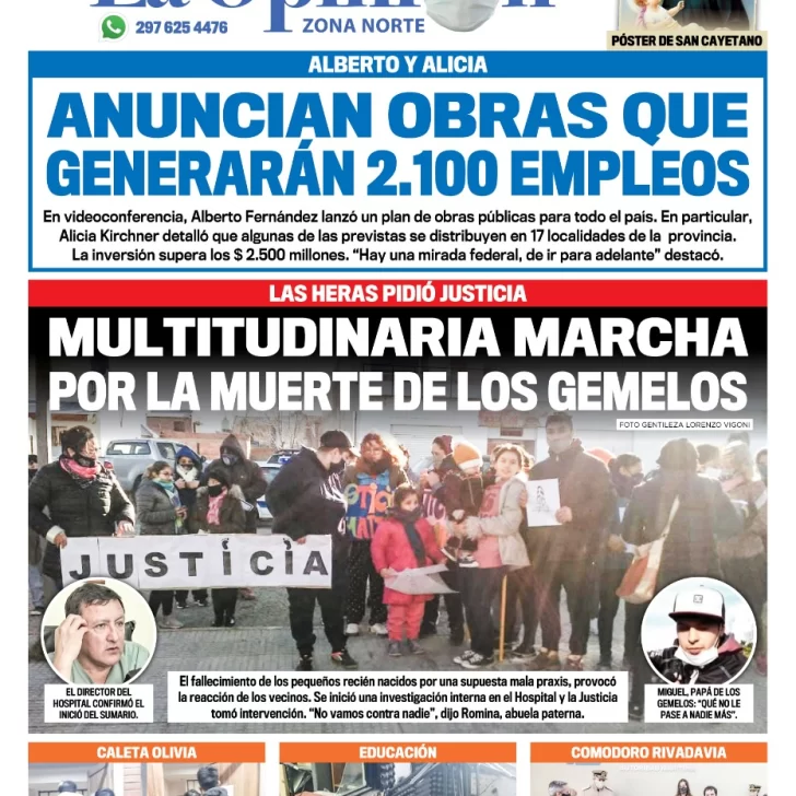 Diario La Opinión Zona Norte tapa edición impresa del 7 de agosto de 2020, Santa Cruz, Argentina