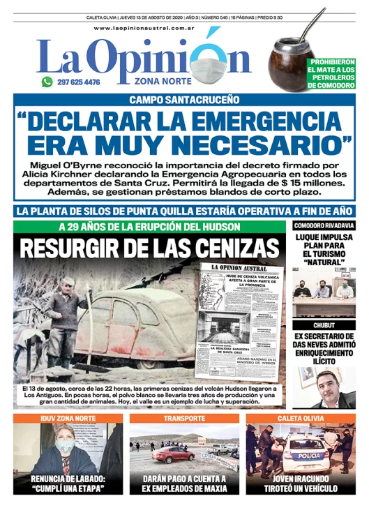 Diario La Opinión Zona Norte tapa edición impresa del 13 de agosto de 2020, Santa Cruz, Argentina