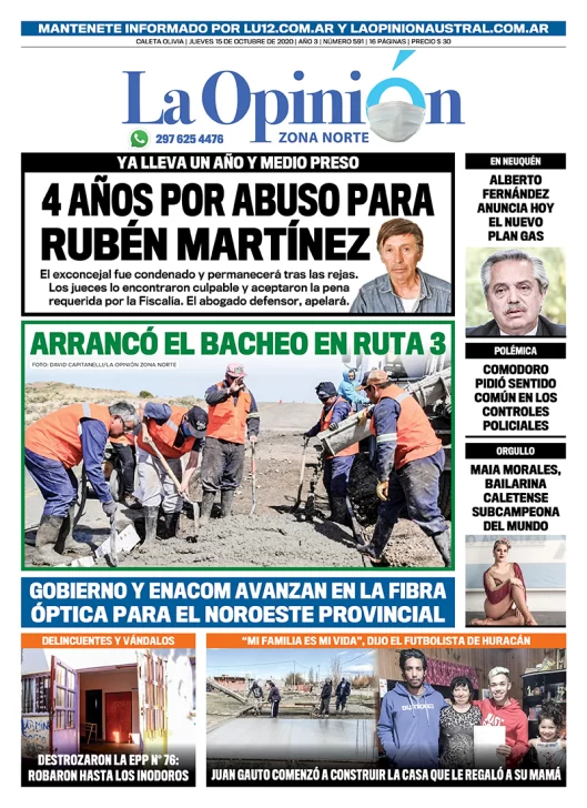 Diario La Opinión Zona Norte tapa edición impresa del 15 de octubre de 2020, Santa Cruz, Argentina