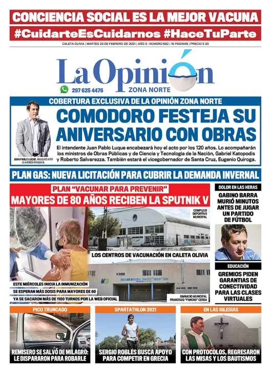Diario La Opinión Zona Norte tapa edición impresa del 23 de febrero de 2021, Santa Cruz, Argentina