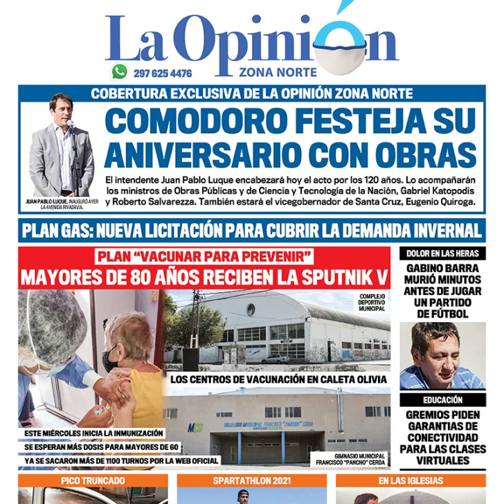 Diario La Opinión Zona Norte tapa edición impresa del 23 de febrero de 2021, Santa Cruz, Argentina