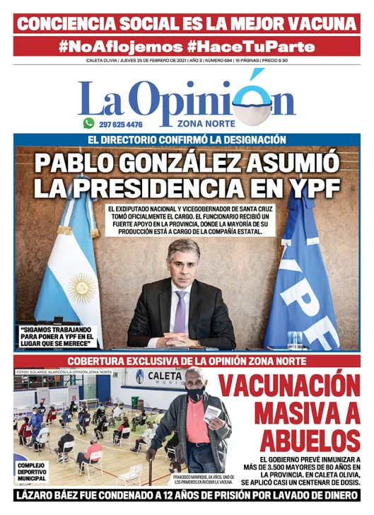 Diario La Opinión Zona Norte tapa edición impresa del 25 de febrero de 2021, Santa Cruz, Argentina