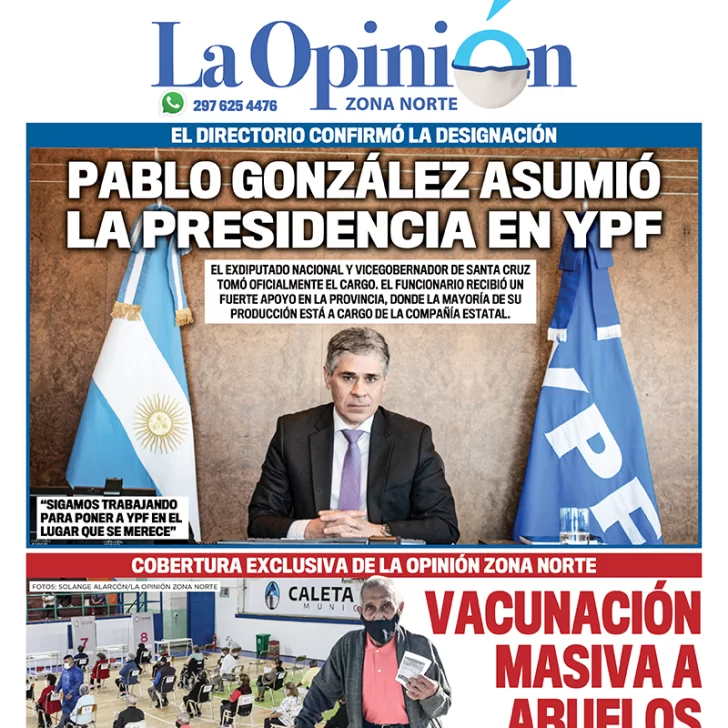 Diario La Opinión Zona Norte tapa edición impresa del 25 de febrero de 2021, Santa Cruz, Argentina