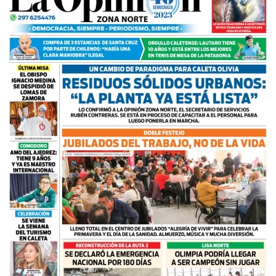 Diario La Opinión Zona Norte tapa edición impresa del viernes 22 de septiembre de 2023, Caleta Olivia, Santa Cruz, Argentina