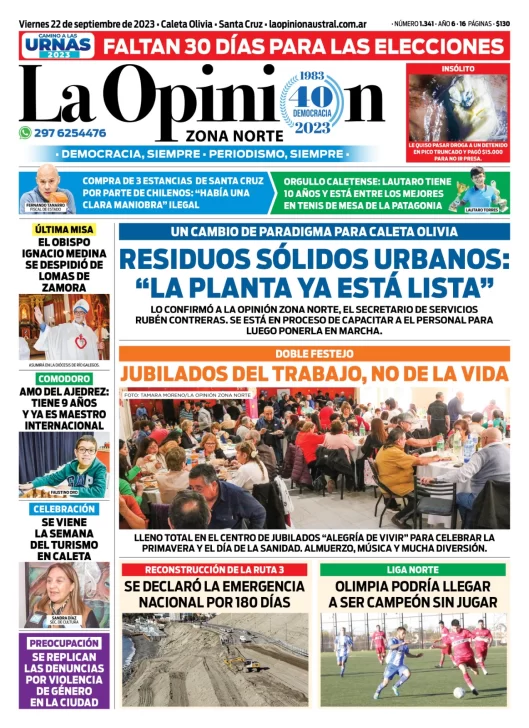 Diario La Opinión Zona Norte tapa edición impresa del viernes 22 de septiembre de 2023, Caleta Olivia, Santa Cruz, Argentina