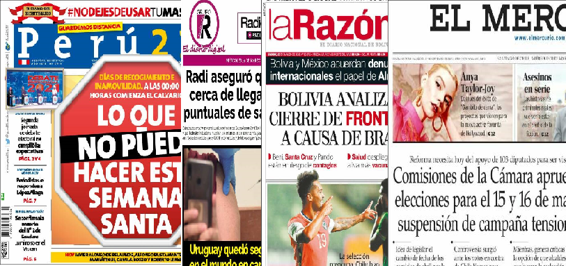 Segunda ola: el avance del coronavirus en las tapas de los diarios de Brasil, Chile, Uruguay, Paraguay, Perú y Bolivia Segunda ola: el avance del coronavirus en las tapas de los diarios de Brasil, Chile, Uruguay, Paraguay, Perú y Bolivia