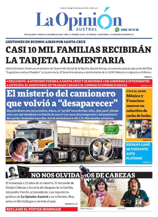 Diario La Opinión Austral edición impresa del 25 de enero del 2020, Santa Cruz Argentina