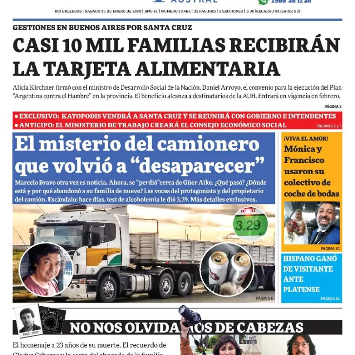 Diario La Opinión Austral edición impresa del 25 de enero del 2020, Santa Cruz Argentina