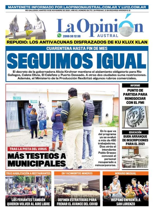 Diario La Opinión Austral tapa edición impresa del 10 de noviembre de 2020, Río Gallegos, Santa Cruz, Argentina