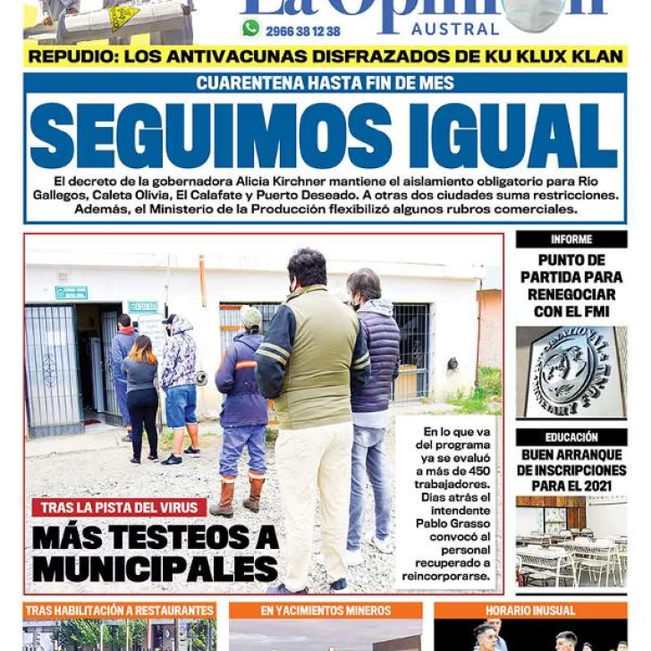 Diario La Opinión Austral tapa edición impresa del 10 de noviembre de 2020, Río Gallegos, Santa Cruz, Argentina Diario La Opinión Austral tapa edición impresa del 10 de noviembre de 2020, Río Gallegos, Santa Cruz, Argentina