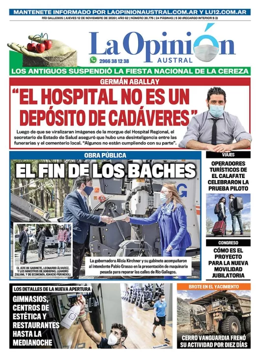 Diario La Opinión Austral tapa edición impresa del 12 de noviembre de 2020, Río Gallegos, Santa Cruz, Argentina