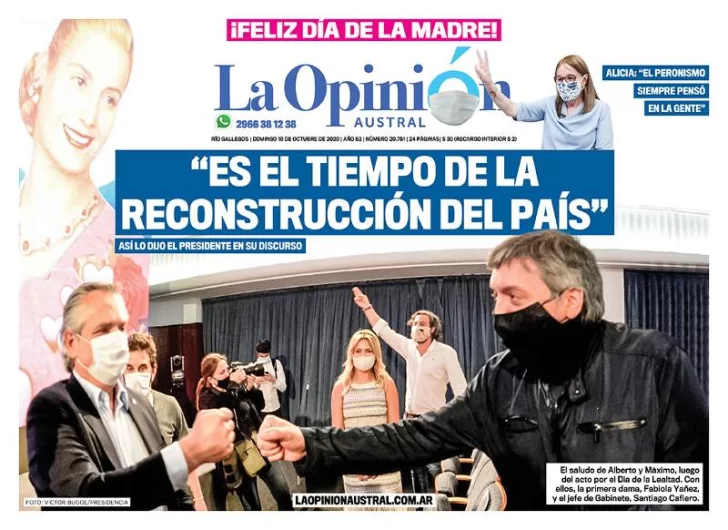Diario La Opinión Austral tapa edición impresa del 18 de octubre de 2020, Río Gallegos, Santa Cruz, Argentina