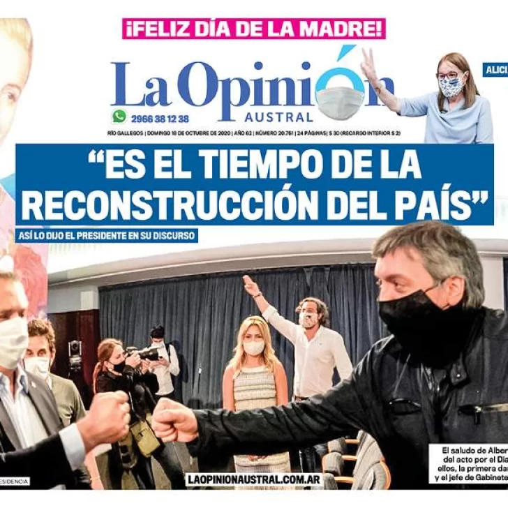 Diario La Opinión Austral tapa edición impresa del 18 de octubre de 2020, Río Gallegos, Santa Cruz, Argentina