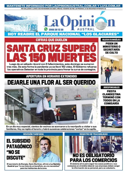 Diario La Opinión Austral tapa edición impresa del 2 de noviembre de 2020, Río Gallegos, Santa Cruz, Argentina