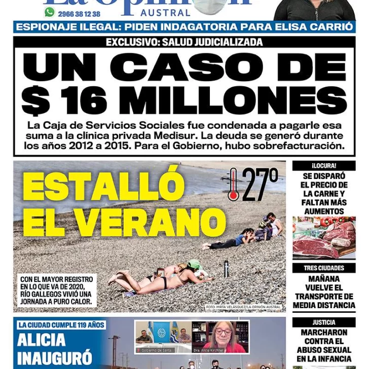 Diario La Opinión Austral tapa edición impresa del 20 de noviembre de 2020, Río Gallegos, Santa Cruz, Argentina