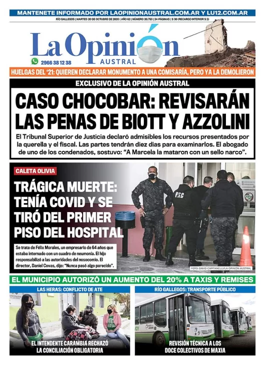 Diario La Opinión Austral tapa edición impresa del 20 de octubre de 2020, Río Gallegos, Santa Cruz, Argentina