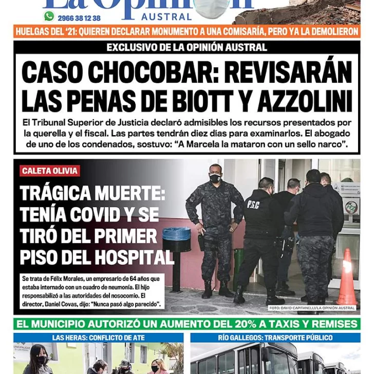 Diario La Opinión Austral tapa edición impresa del 20 de octubre de 2020, Río Gallegos, Santa Cruz, Argentina