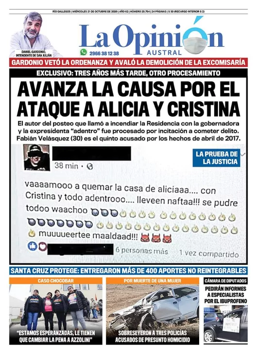 Diario La Opinión Austral tapa edición impresa del 21 de octubre de 2020, Río Gallegos, Santa Cruz, Argentina