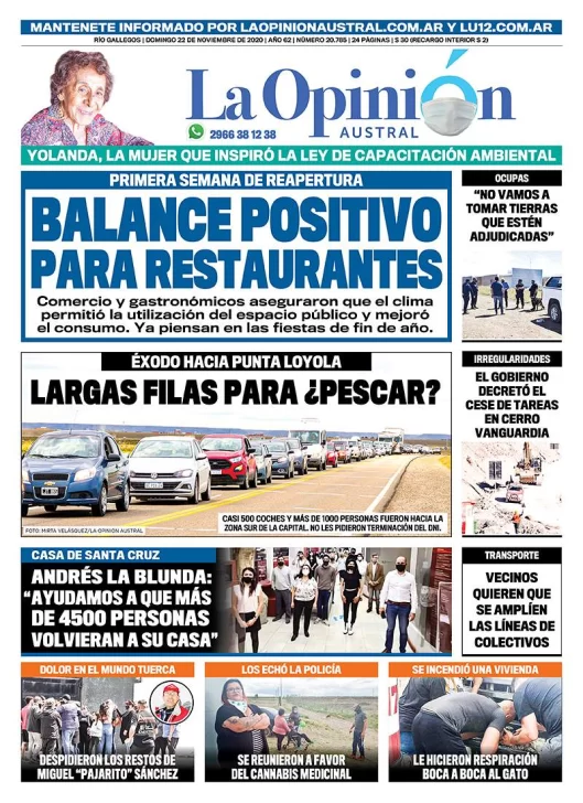 Diario La Opinión Austral tapa edición impresa del 22 de noviembre de 2020, Río Gallegos, Santa Cruz, Argentina