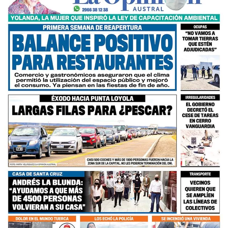 Diario La Opinión Austral tapa edición impresa del 22 de noviembre de 2020, Río Gallegos, Santa Cruz, Argentina