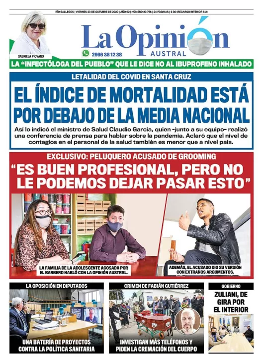 Diario La Opinión Austral tapa edición impresa del 23 de octubre de 2020, Río Gallegos, Santa Cruz, Argentina