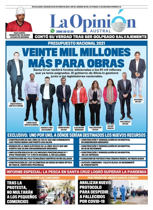 Diario La Opinión Austral tapa edición impresa del 25 de octubre de 2020, Río Gallegos, Santa Cruz, Argentina
