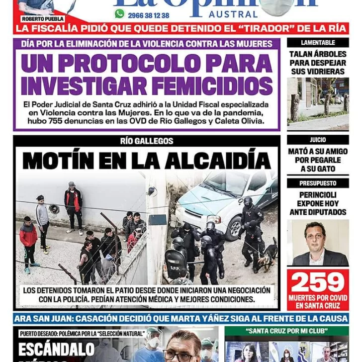 Diario La Opinión Austral tapa edición impresa del 25 de noviembre de 2020, Río Gallegos, Santa Cruz, Argentina Diario La Opinión Austral tapa edición impresa del 25 de noviembre de 2020, Río Gallegos, Santa Cruz, Argentina