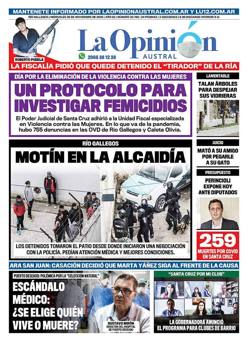 Diario La Opinión Austral tapa edición impresa del 25 de noviembre de 2020, Río Gallegos, Santa Cruz, Argentina Diario La Opinión Austral tapa edición impresa del 25 de noviembre de 2020, Río Gallegos, Santa Cruz, Argentina