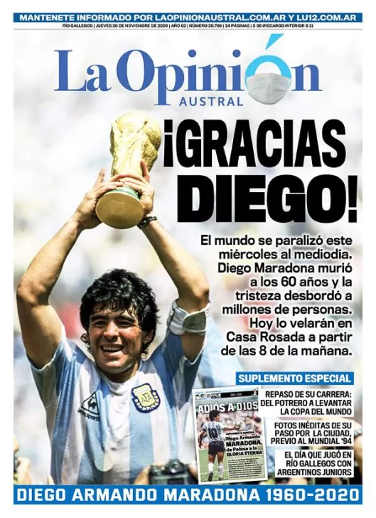 Diario La Opinión Austral tapa edición impresa del 26 de noviembre de 2020, Río Gallegos, Santa Cruz, Argentina