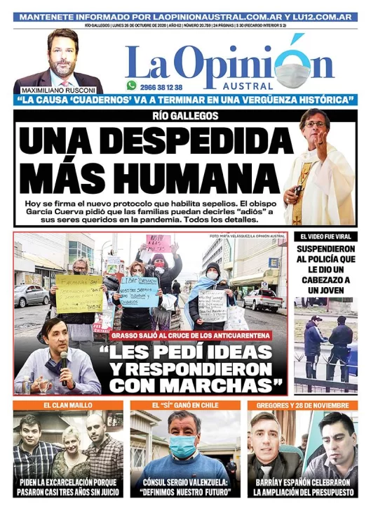 Diario La Opinión Austral tapa edición impresa del 26 de octubre de 2020, Río Gallegos, Santa Cruz, Argentina