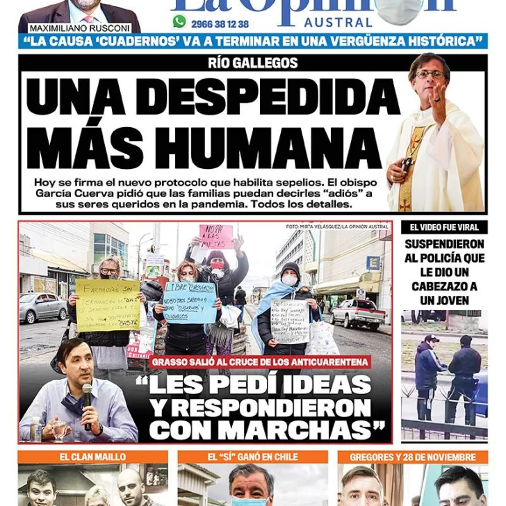 Diario La Opinión Austral tapa edición impresa del 26 de octubre de 2020, Río Gallegos, Santa Cruz, Argentina