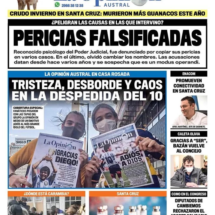 Diario La Opinión Austral tapa edición impresa del 27 de noviembre de 2020, Río Gallegos, Santa Cruz, Argentina