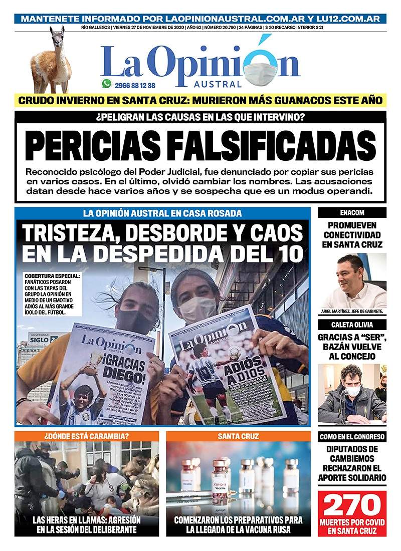 Diario La Opinión Austral tapa edición impresa del 27 de noviembre de 2020, Río Gallegos, Santa Cruz, Argentina